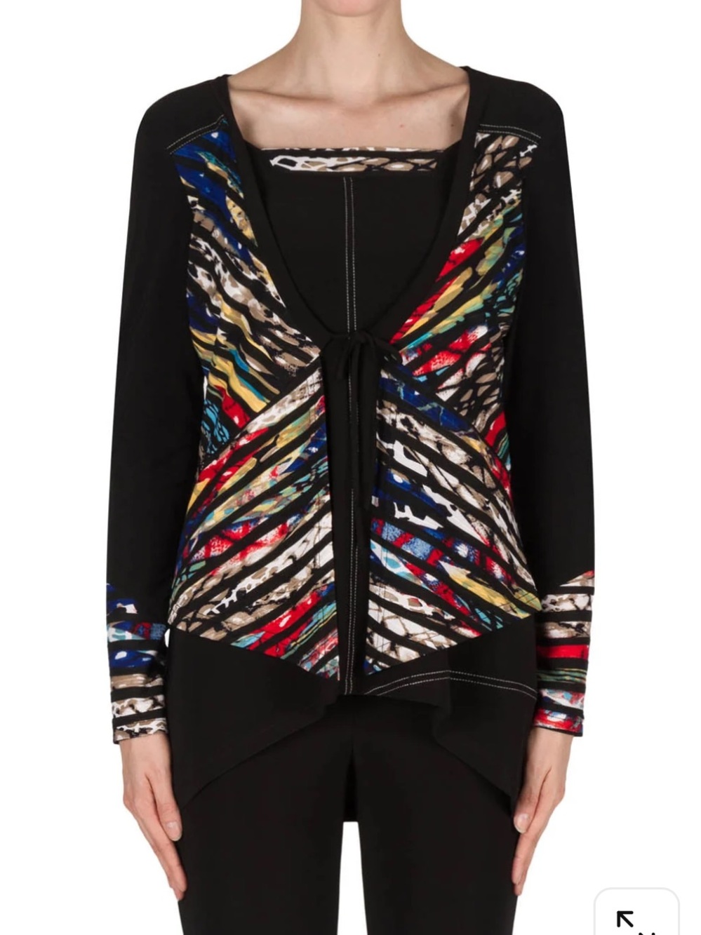 Joseph Ribkoff Black Tie-Front Layered Tunic Cardigan Multicolour Abstract Print